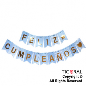 BANDERIN FELIZ CUMPLEA?OS DISE?OS TONOS CELESTE PASTEL x 1